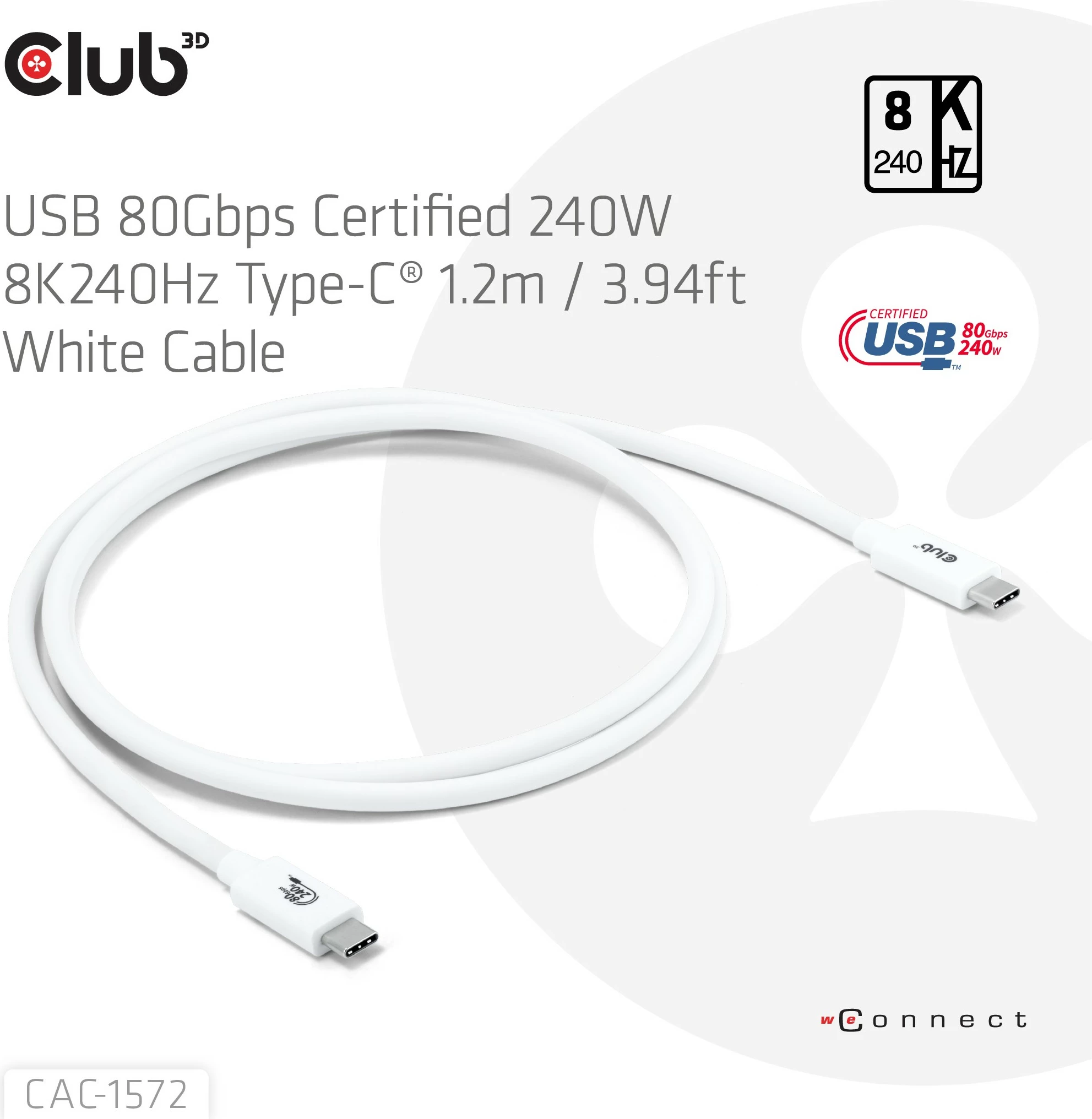 Kabllo USB Type-C Club3D 80Gbps, PD240W, 1.2m, e bardhë