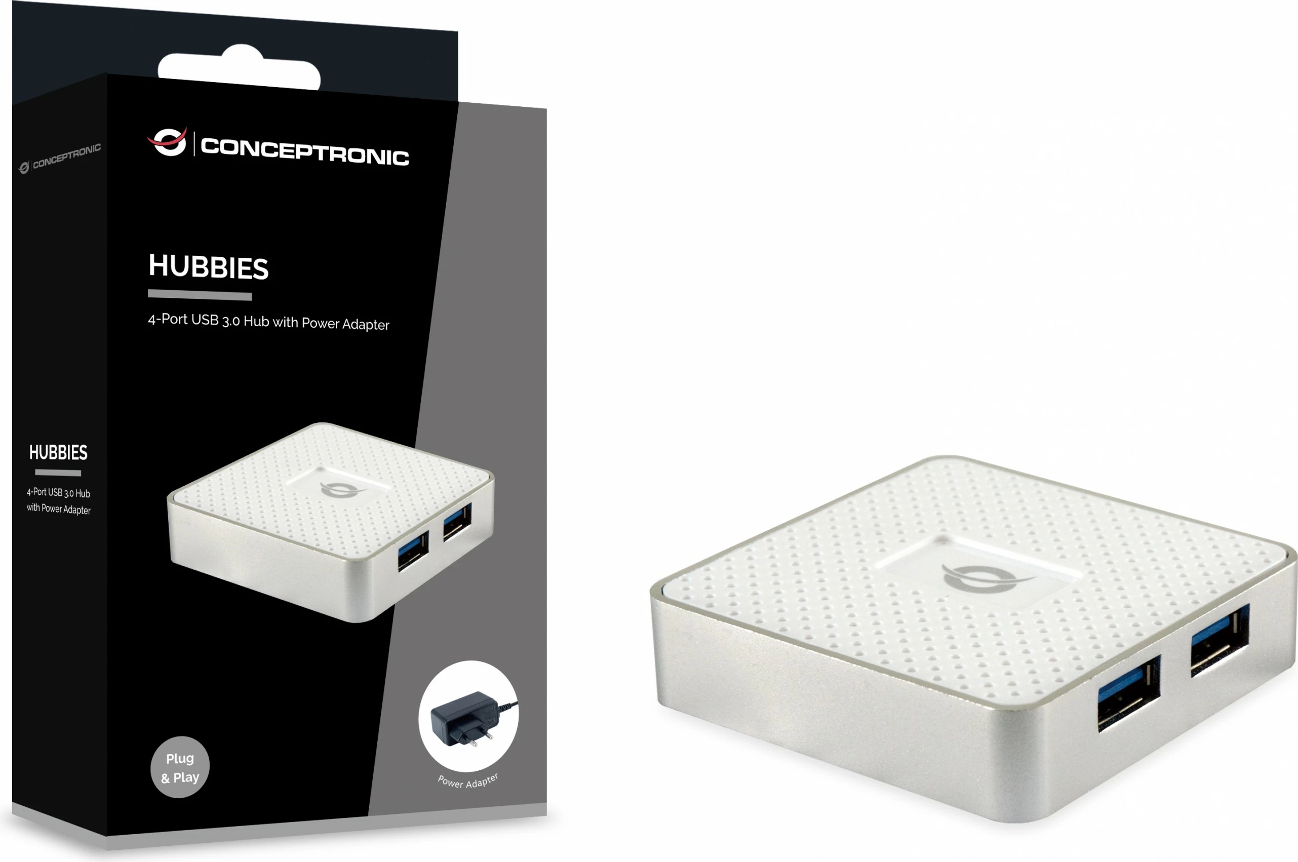 USB hub Conceptronic 4 porta USB 3.0, me adapter, i bardhë