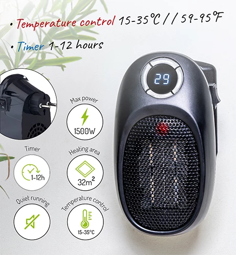 Ngrohës portativ, Adler, AD 7726 Thermofan Easy Heater, 1500W, timer 1-12h, kontroll temperature 15-35°C, element qeramik, i zi
