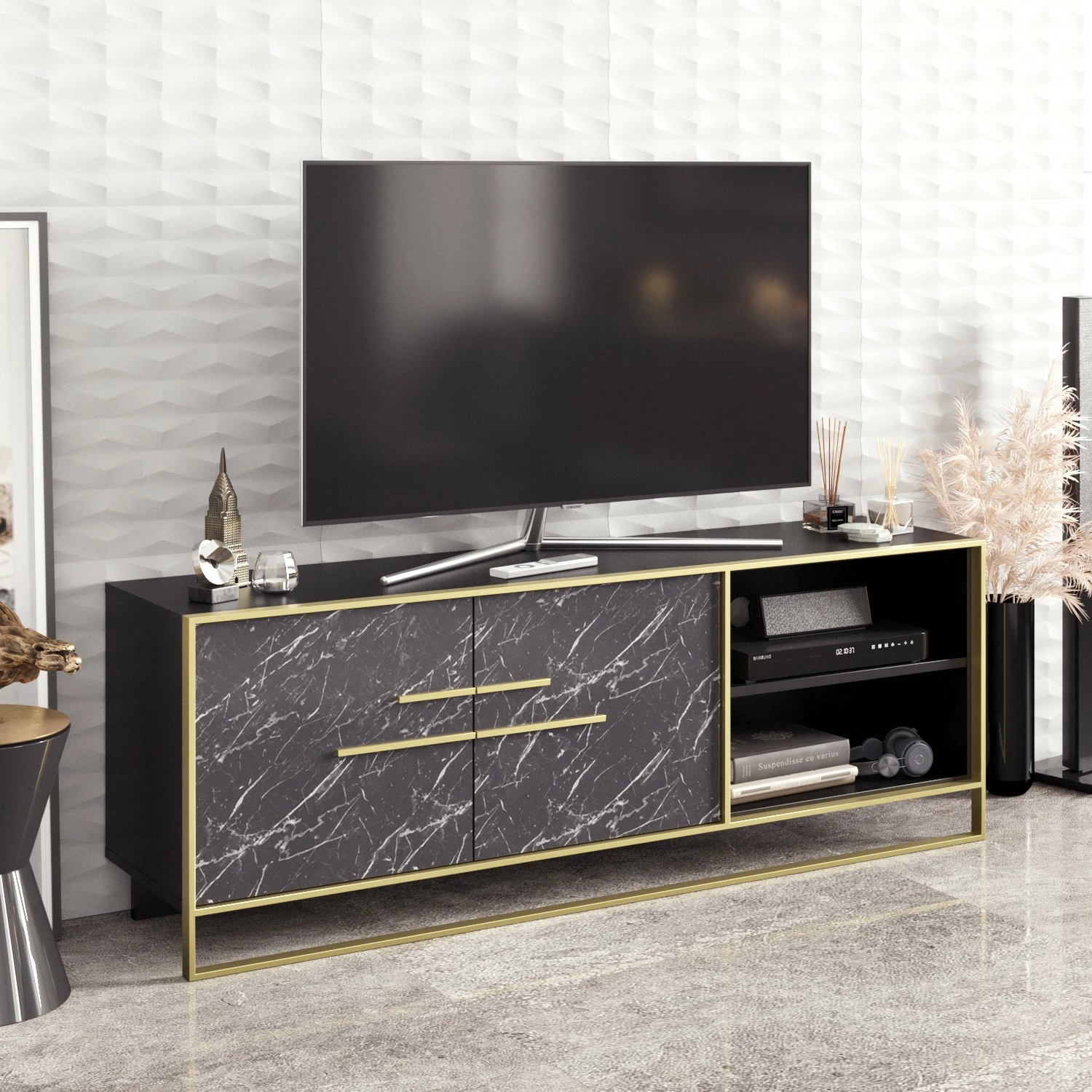 Komodë TV Hanah Home, Polka, e zezë dhe ari
