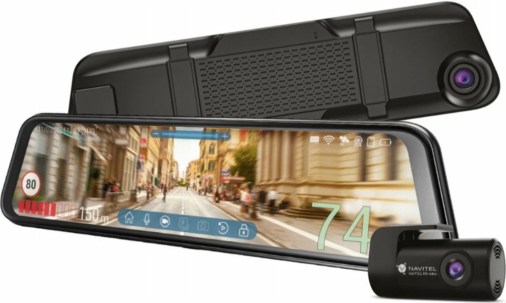Kamerë veture në pasqyrë Navitel MR750 Smart 2K QHD, ekran me prekje 11.9\", GPS, Wi‑Fi, set kamerë para+mbrapa