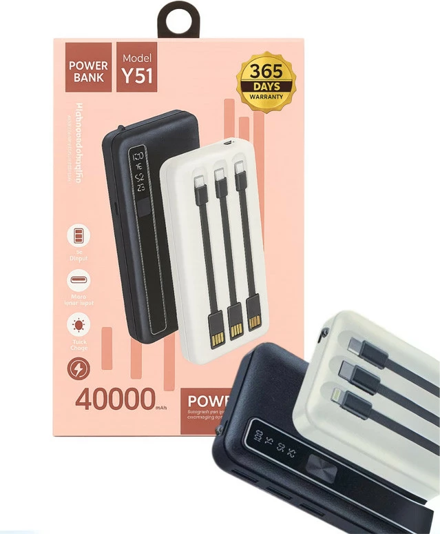 Power Bank i Fuqishëm Y51 40,000mAh me 4 Kabllo të Integruara