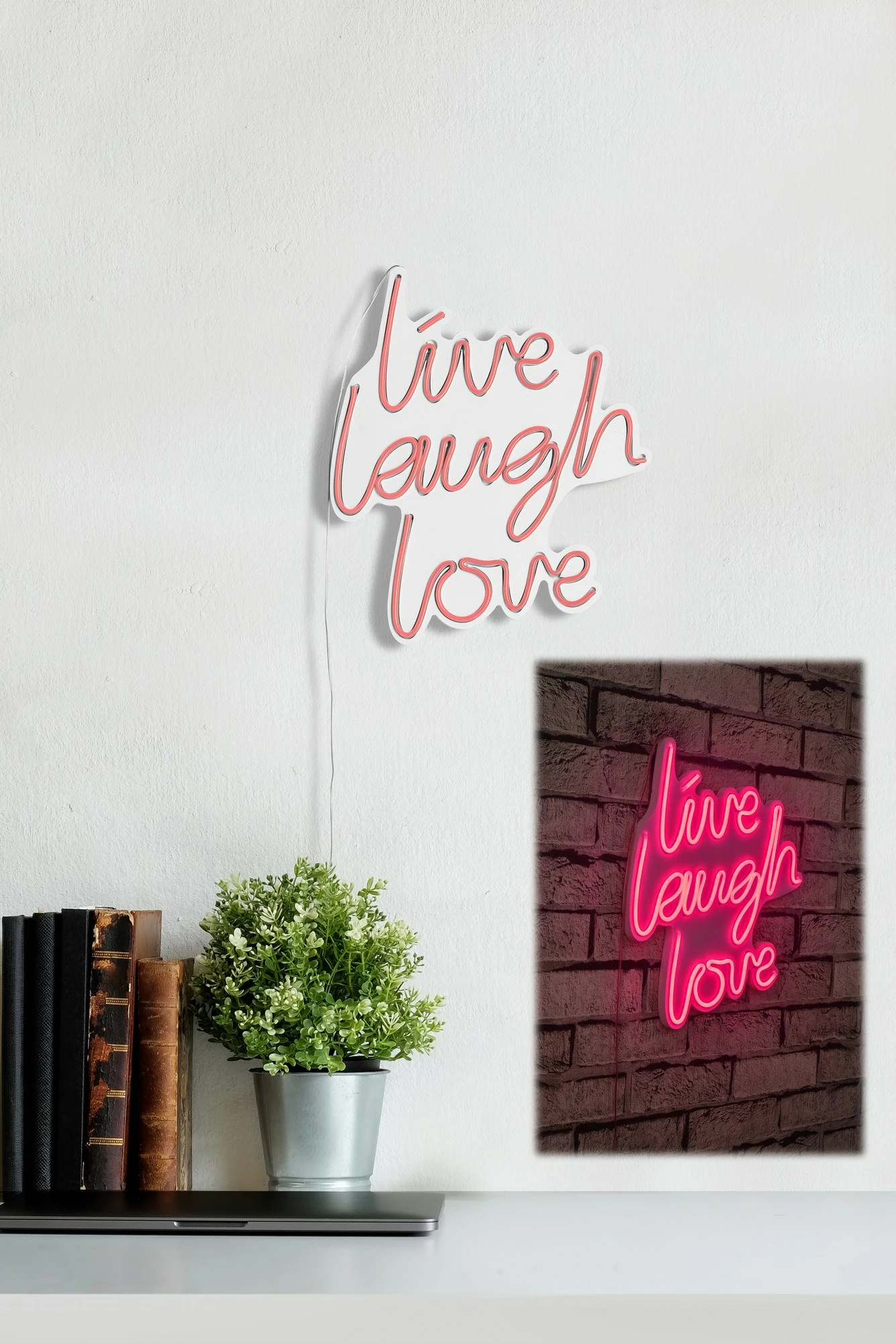 Dekor dritash LED plastike, 'live laugh love', ngjyrë rozë