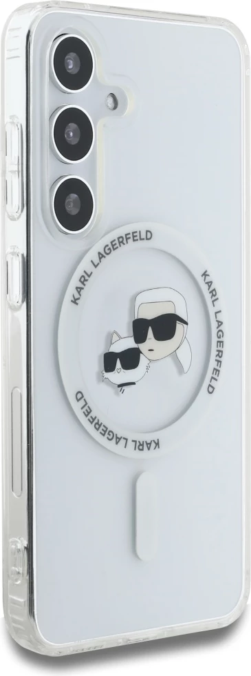 Mbështjellës Karl Lagerfeld Button Karl & Choupette Heads Printed Logo MagSafe për Samsung Galaxy S25 Plus, bardhë