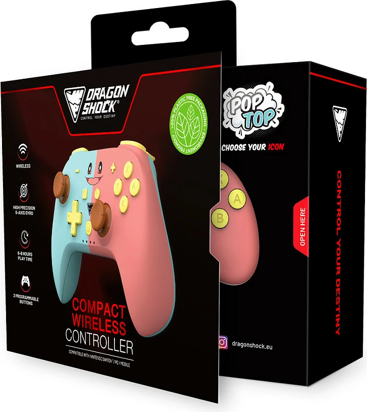 Gamepad DragonShock PopTop, wireless Bluetooth, për Nintendo Switch dhe PC, Turbo, 6-axis Gyro, Blue/Pink