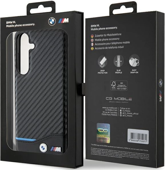 Mbështjellës celulari BMW BMHCS24M22NBCK Leather Carbon për Samsung Galaxy S24+ (S926), hardcase TPU/PC me lëkurë eko, i zi