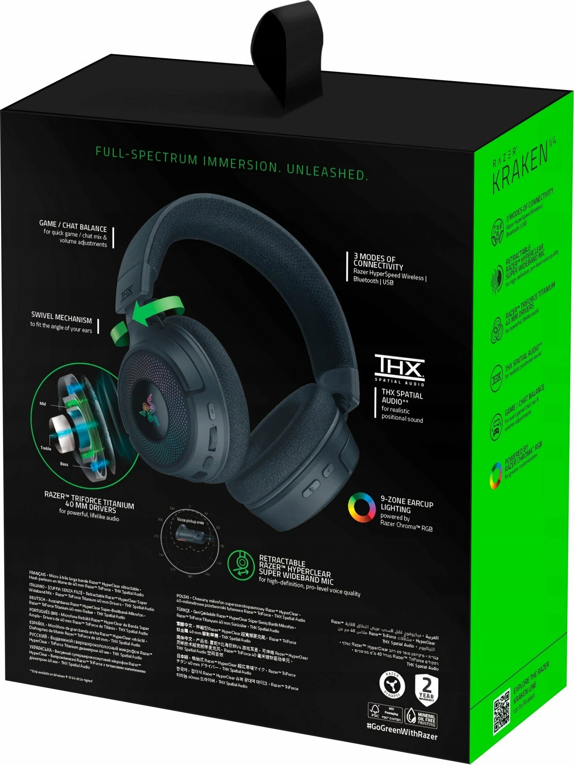 Kufje gaming Razer Kraken V4 (RZ04-05170100-R3M1), wireless, USB/USB-C, Bluetooth, THX Spatial Audio, RGB, të zeza