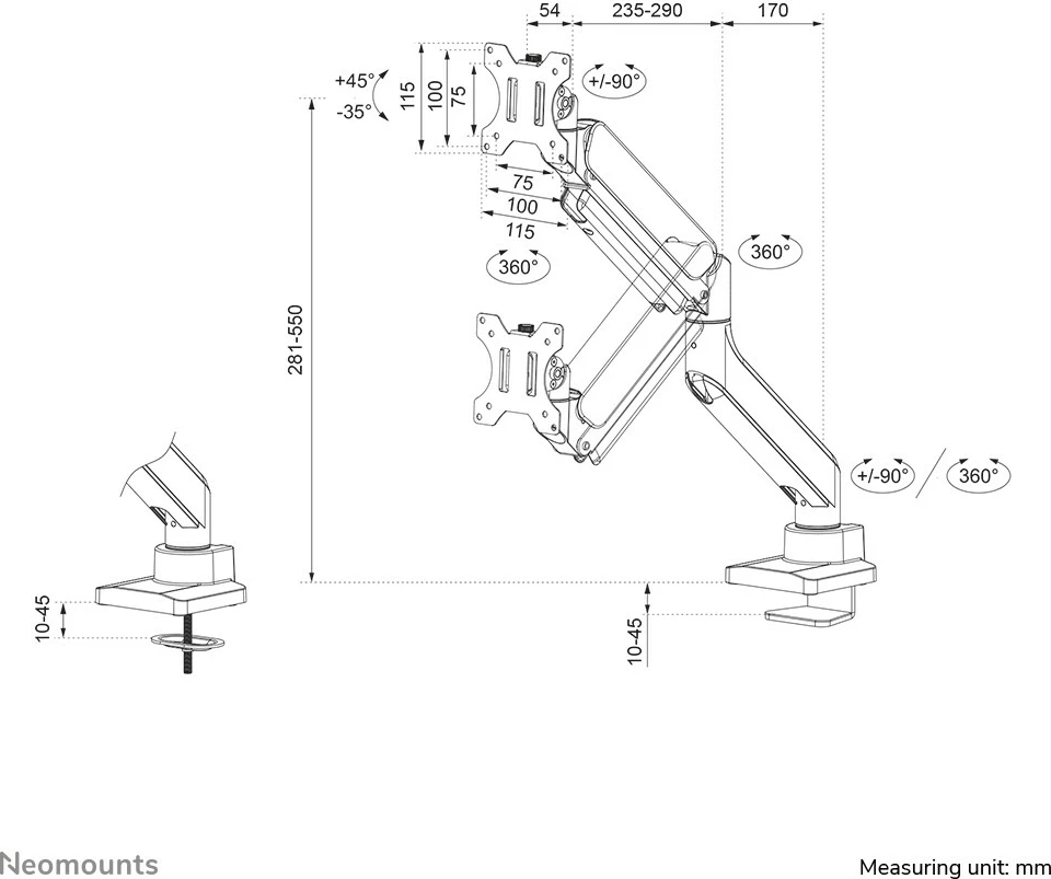 Krah monitori Neomounts DS70-450BL1, gas spring, 17-42 inç, 15 kg, e zezë