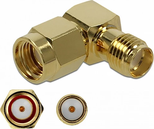 Adapter RF DeLOCK 89978, RP-SMA mashkull në SMA femër, 50Ω, këndor, ari
