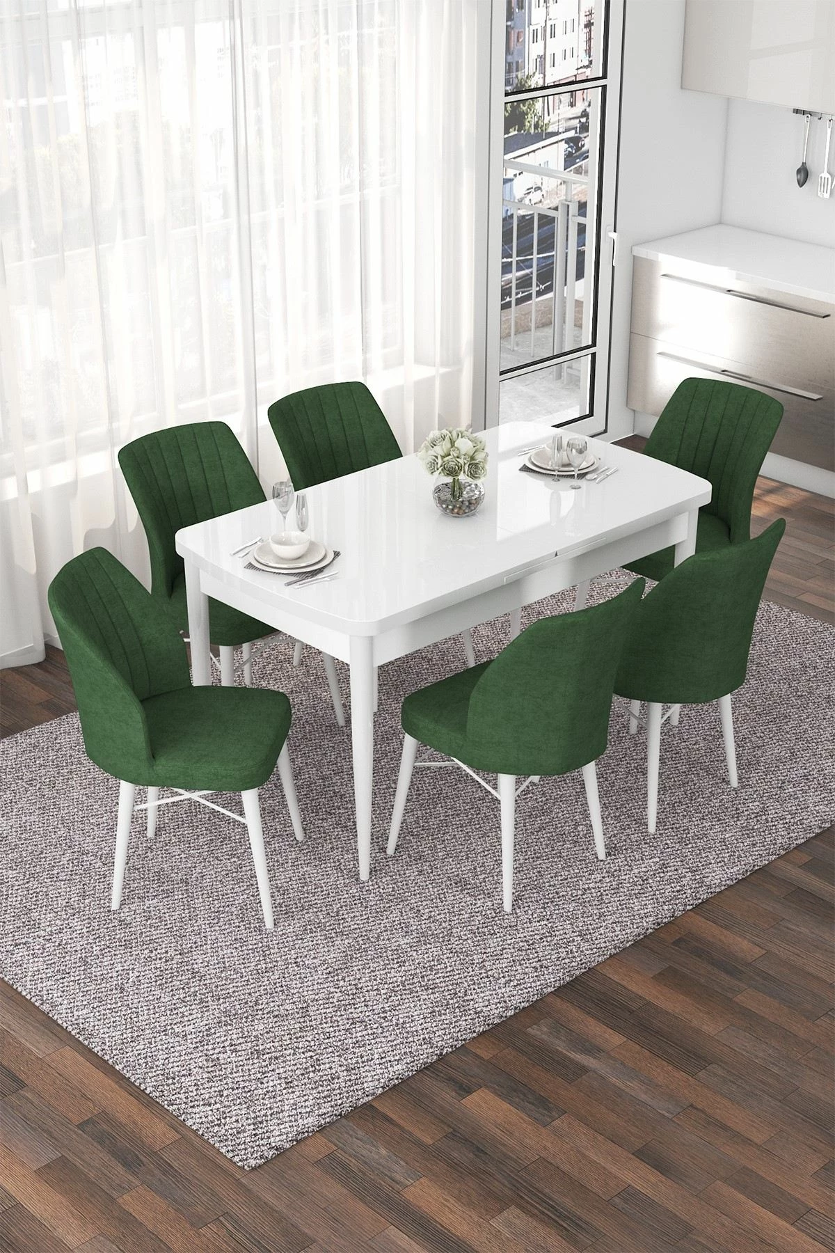 Tavolinë me karrige për ngrënie, zgjatshme, 7 copë, Skye Decor, e bardhë, kaki