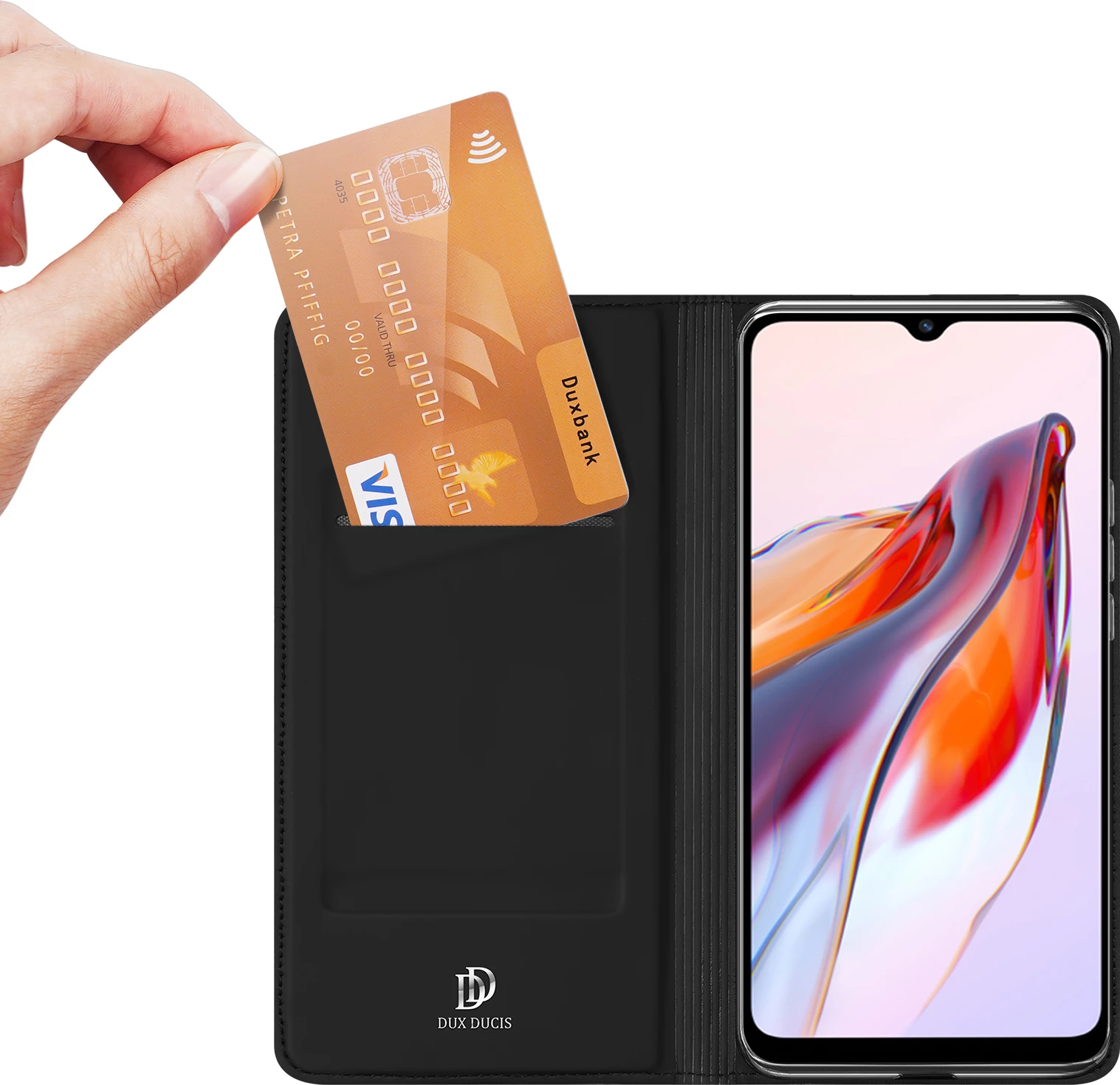 Mbështjellës Dux Ducis Skin Pro për Xiaomi Redmi 11A / Poco C55 / Redmi 12C, me kapak, xhep kartele, funksion standi, i zi