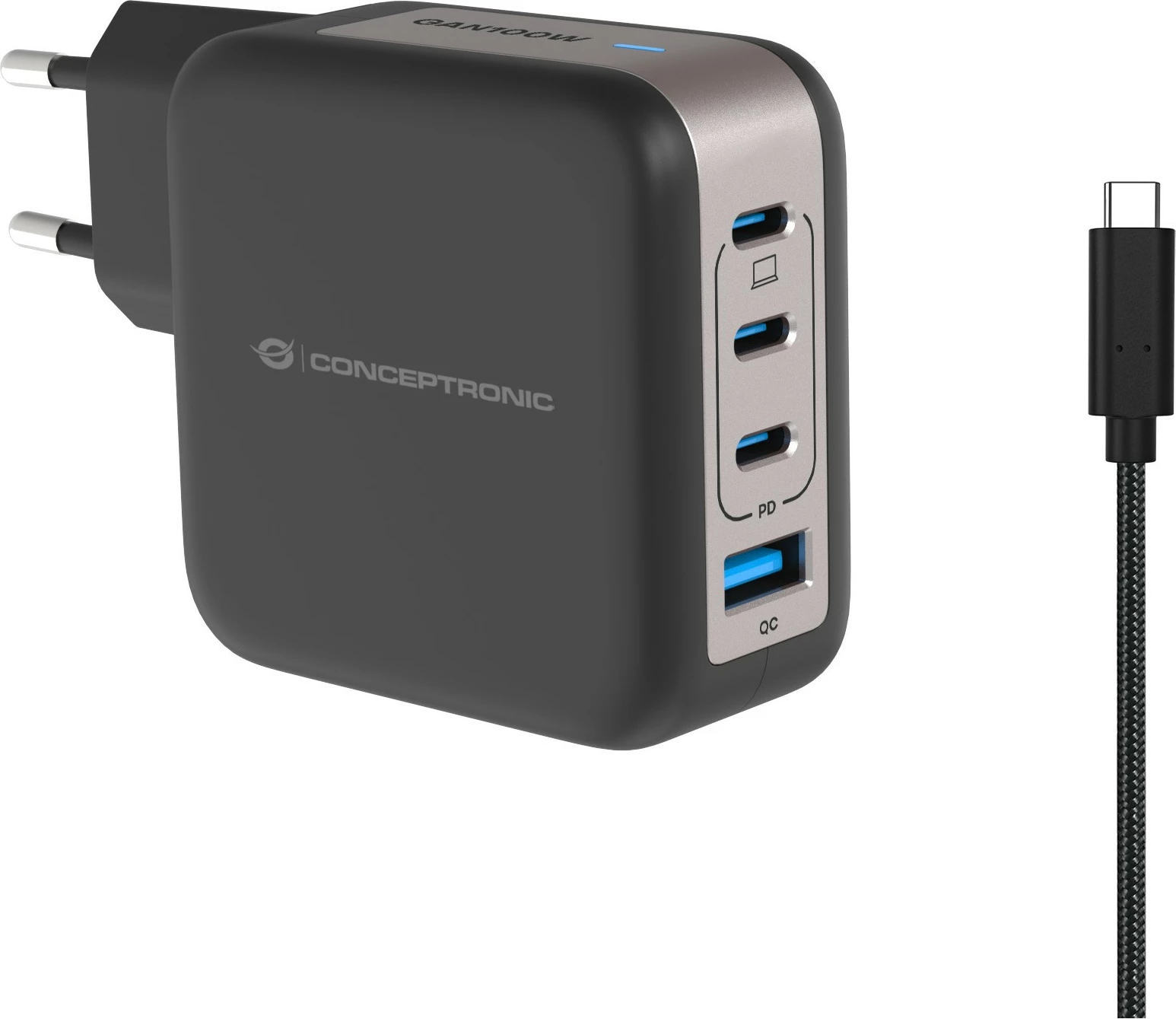 Karikues Conceptronic 4 porta GaN, 3x USB-C, 1x USB-A, 100W, i zi