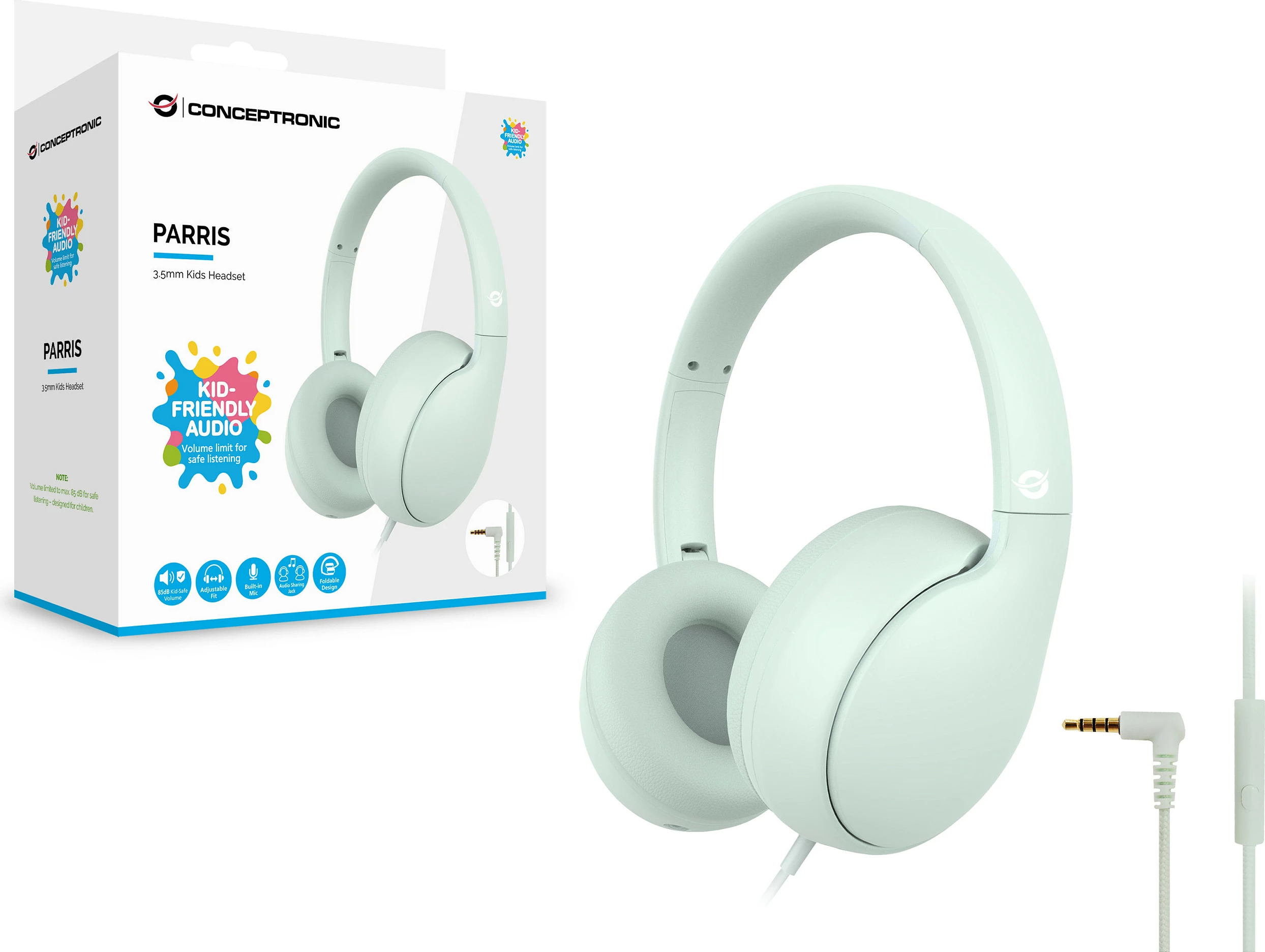 Kufje për fëmijë Conceptronic PARRIS04GT, 3.5mm, me kabllo, mikrofon, limit 85 dB, gjelbër e çelët
