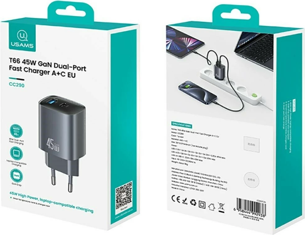 Karikues murale GaN, USAMS CC290 T66 (USA001665), 45W, USB-C + USB-A, PD/QC, bardhë