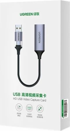 Adapter USB për kapje video HDMI, UGREEN 40189, 4K@60Hz input / 1080p@30Hz capture, USB-C + USB-A, gri, me kuti
