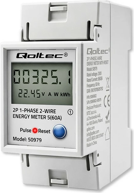 Matës konsumit energjie njëfazore Qoltec 50979, DIN TH35, 230V 60A, LCD/LED, RESET, 2P, gri