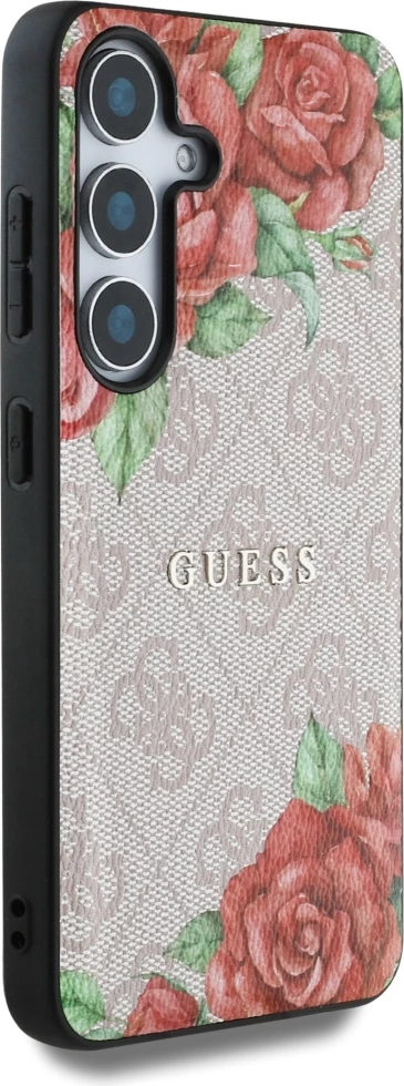 Mbështjellës Guess Leather 4G Flowers Print Metal Classic Logo MagSafe për Samsung Galaxy S25, Rozë