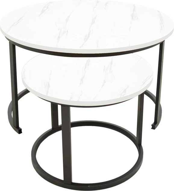 Set tavolinash kafeje Revelon, pamje mermeri të bardhë, këmbë të zeza, 80x80x45cm