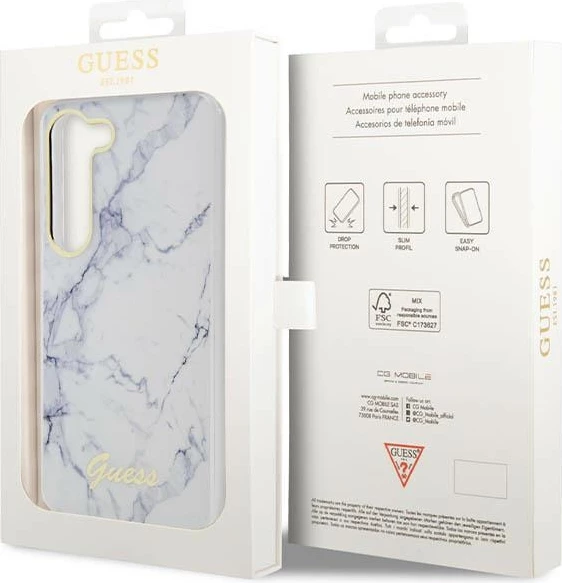 Mbështjellës Guess Marble për Samsung Galaxy S23+ S916, i bardhë, hardcase