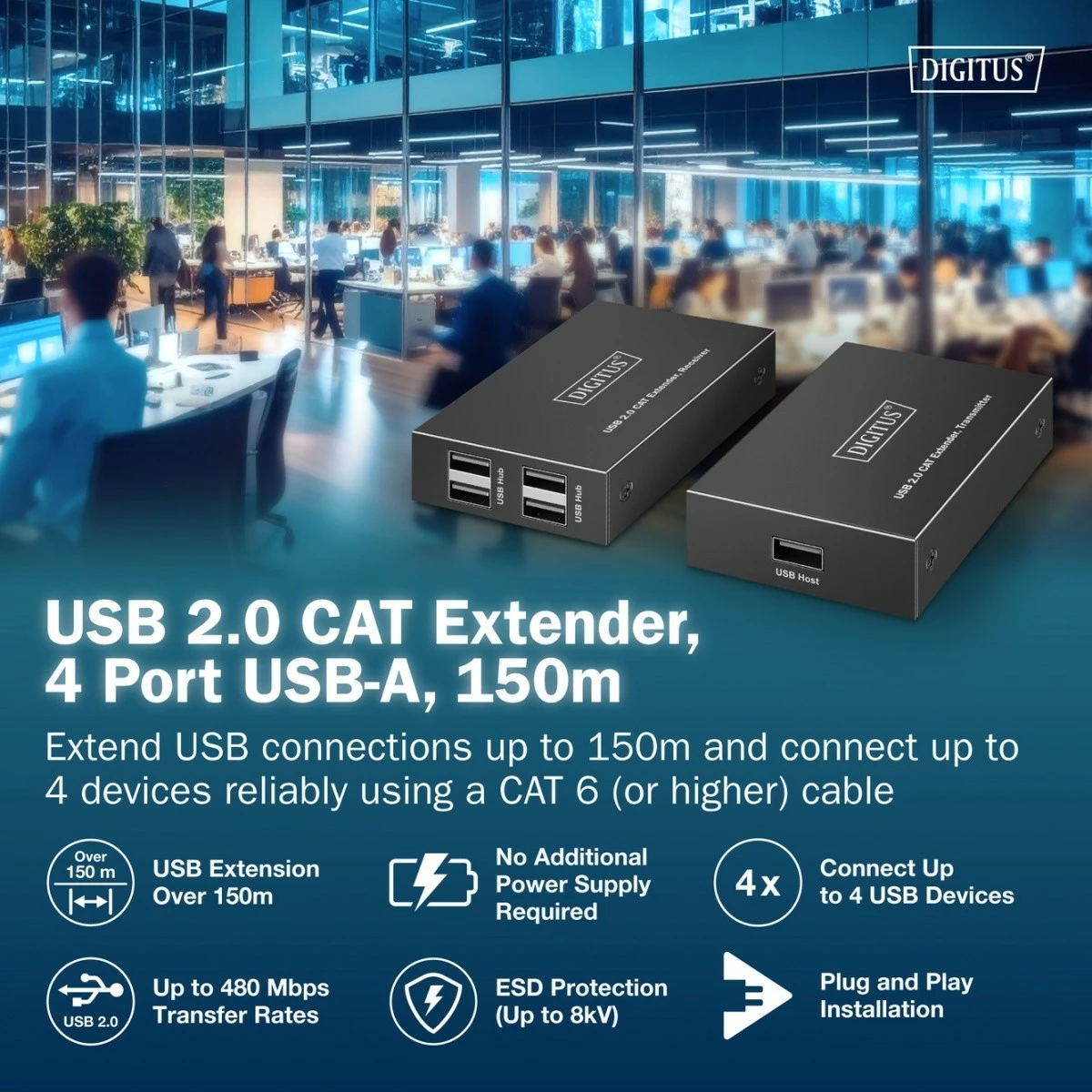 Extender USB 2.0 Digitus DA-73120, 4x USB-A, 1x RJ45, set, i zi