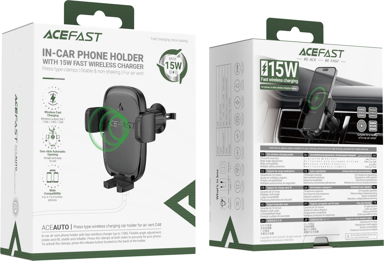 Mbajtëse ventilimi makine me karikues wireless Qi 15W Acefast D48, e zezë, set (me kabllo USB-A në USB-C)