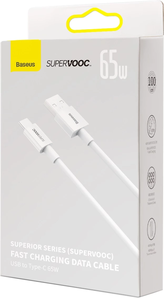 Kabllo Baseus Superior Series SUPERVOOC USB-A në USB-C 65W, 1m, Bardhë