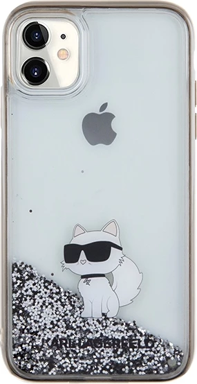 Mbështjellës Karl Lagerfeld Liquid Glitter Choupette për iPhone 11/XR, Transparent, Silver