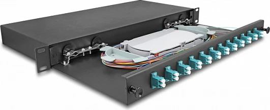Kuti splicing fibër optike DeLOCK 19", 1U, 12x LC Duplex OM3, e zezë