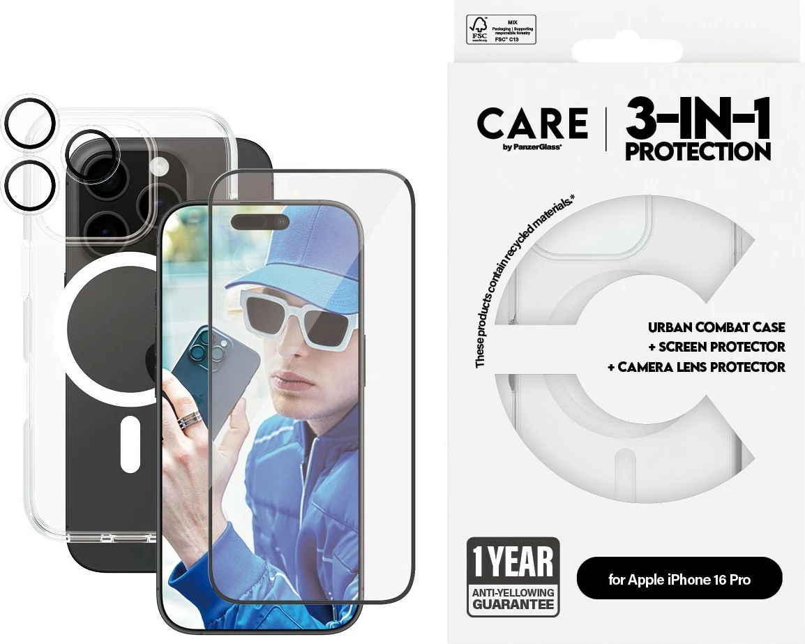Mbështjellës PanzerGlass CARE Flagship 3-in-1 për iPhone 16 Pro, transparent