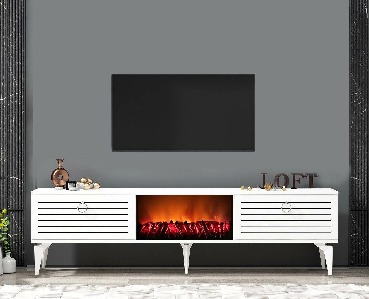 Komodë TV me oxhak elektrik, ngjyrë e bardhë, Skye Decor Arona
