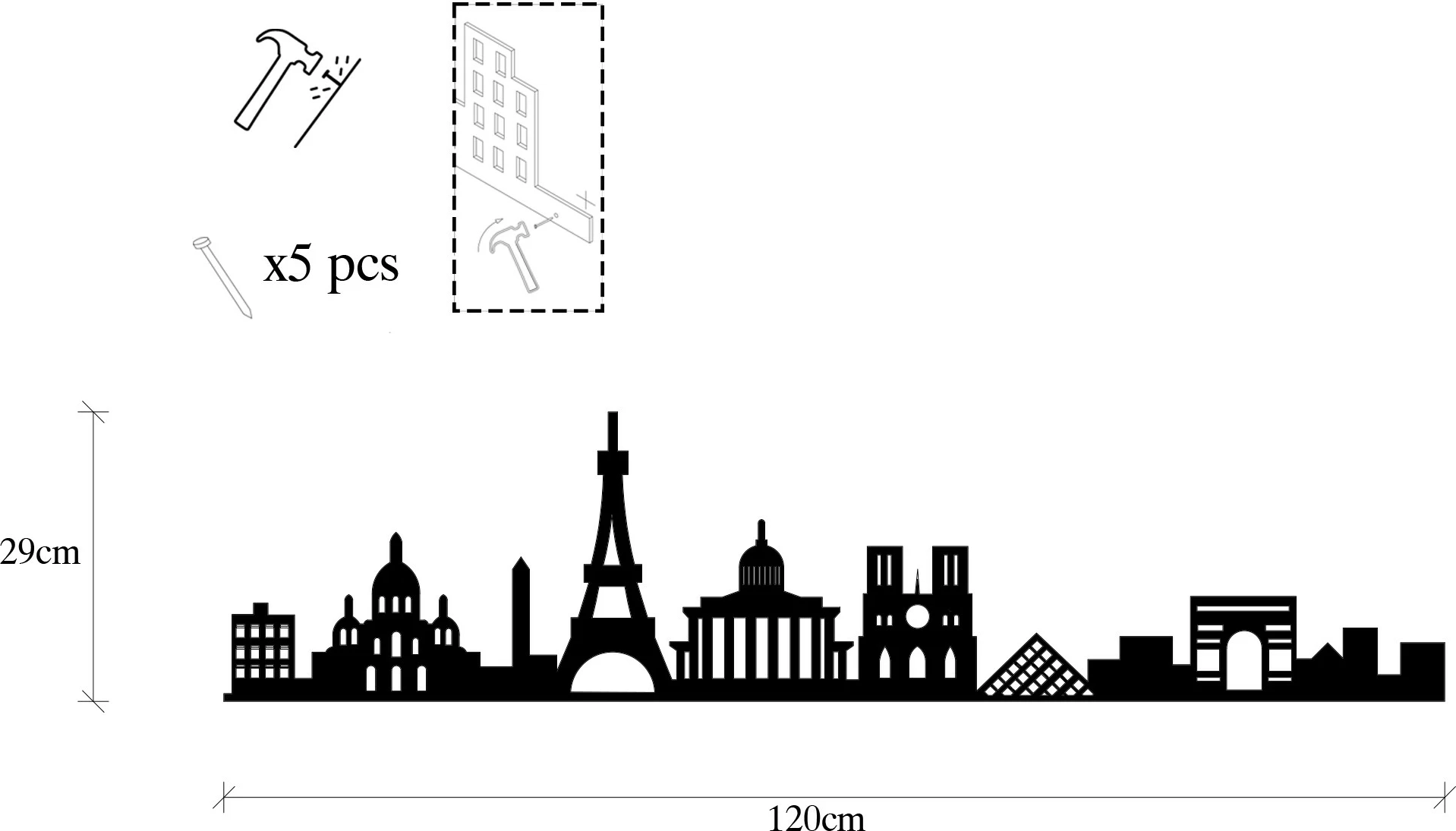 Aksesor dekorativ muri prej metali, Paris Skyline, ngjyrë e zezë, 120x29cm