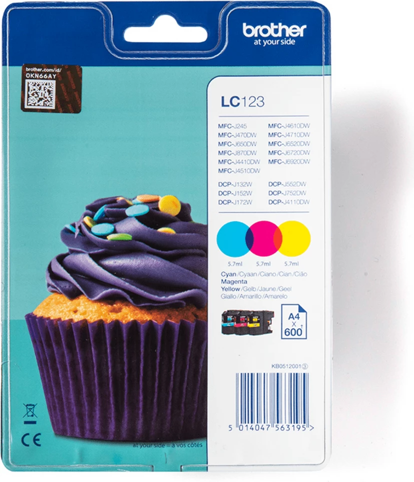 Fishekë boje, Brother, LC-123RBWBP, CMY, cian/magenta/e verdhë, paketë multipack në blister