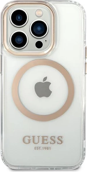 Mbështjellës Guess GUHMP14LHTRMD për iPhone 14 Pro 6.1", Metal Outline Magsafe, Transparent/Gold