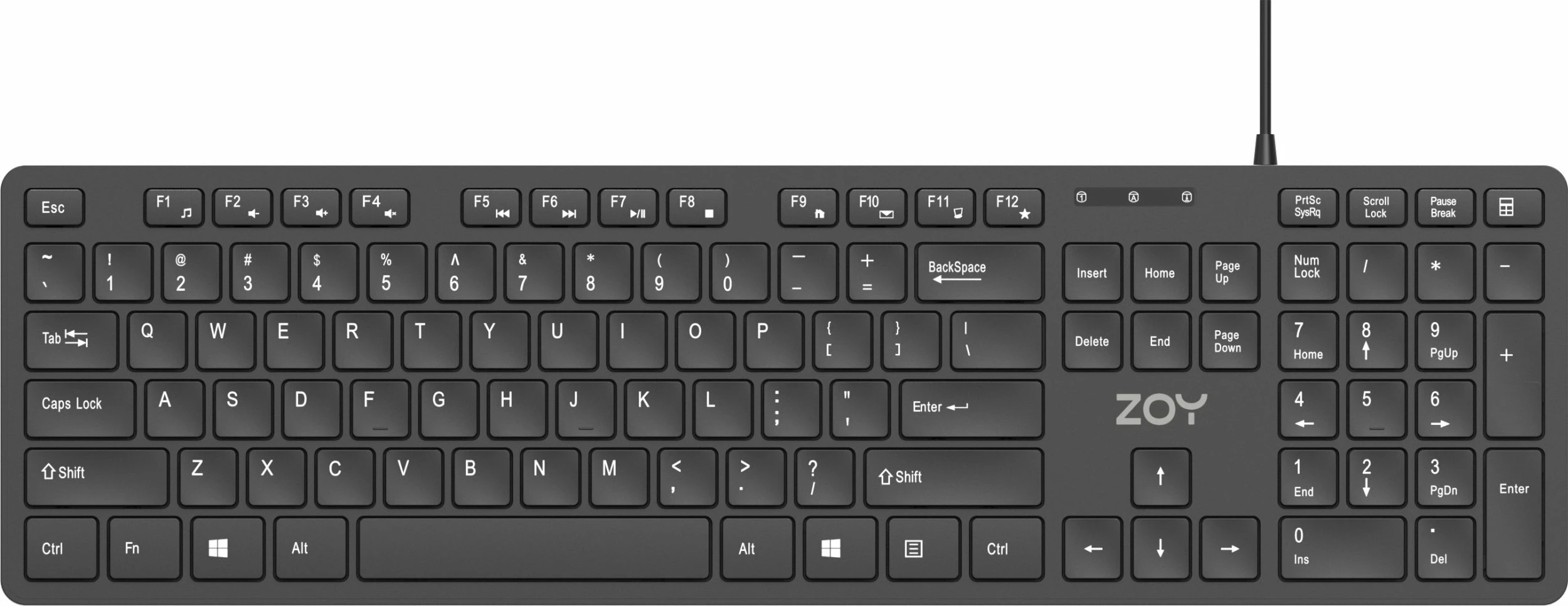 Klaviaturë ZOY ZKB800, USB me kabllo 1.4 m, layout US, 106 taste, membranë e qetë, e zezë