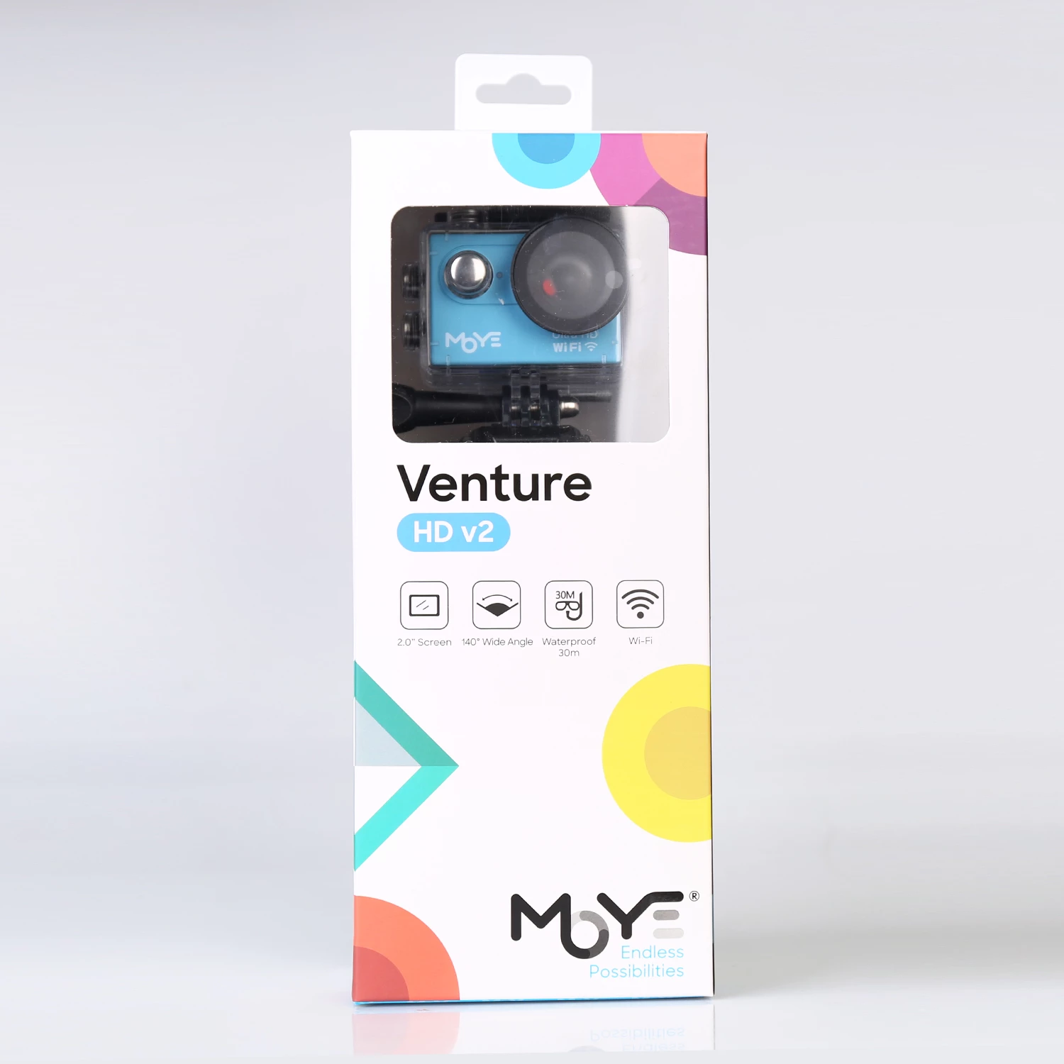 Kamerë aksioni Moye Venture HD V2 Full HD 1080p, 12MP, Wi‑Fi, ekran 2.0" LCD, lente 140°, microSD deri 32GB, blu