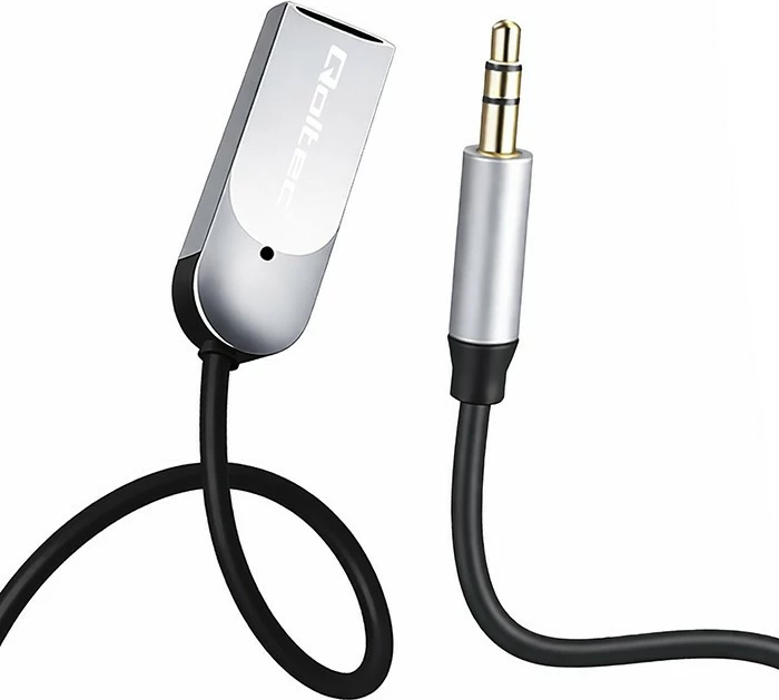 Adapter audio Bluetooth marrës, Qoltec, 56983, Bluetooth 6.0, 2x RCA, AUX 3.5 mm, USB, me mikrofon, zi/argjendtë