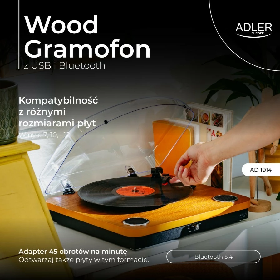 Gramafon Adler AD1914Wood me Bluetooth, USB, ngjyrë dru