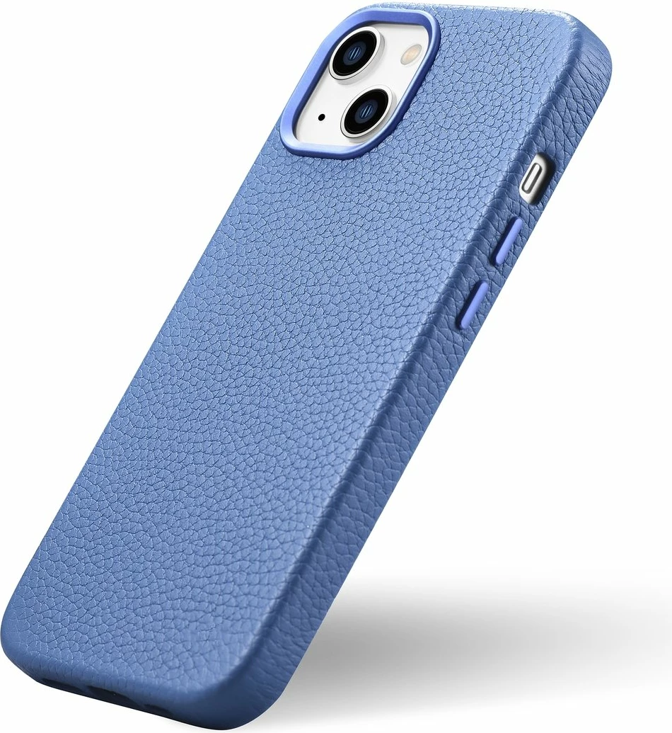 Mbështjellës iCarer Litchi Premium për iPhone 14 Plus, lëkurë natyrale, MagSafe, Kaltër