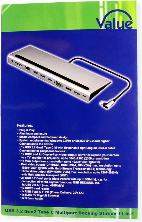 Docking station USB-C VALUE Multiport USB 3.2 Gen 2, 4K HDMI/DP, VGA, LAN, PD, lexues SD/microSD, Gri