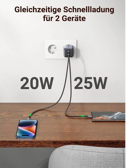 Karikues USB-C UGREEN Nexode 45W GaN II PD 3.0, 2x USB-C, gri