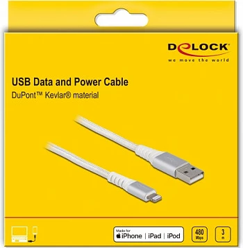 Kabllo USB DeLOCK USB-A në Lightning, 3 m, Kevlar, 3A, bardhë/argjendtë