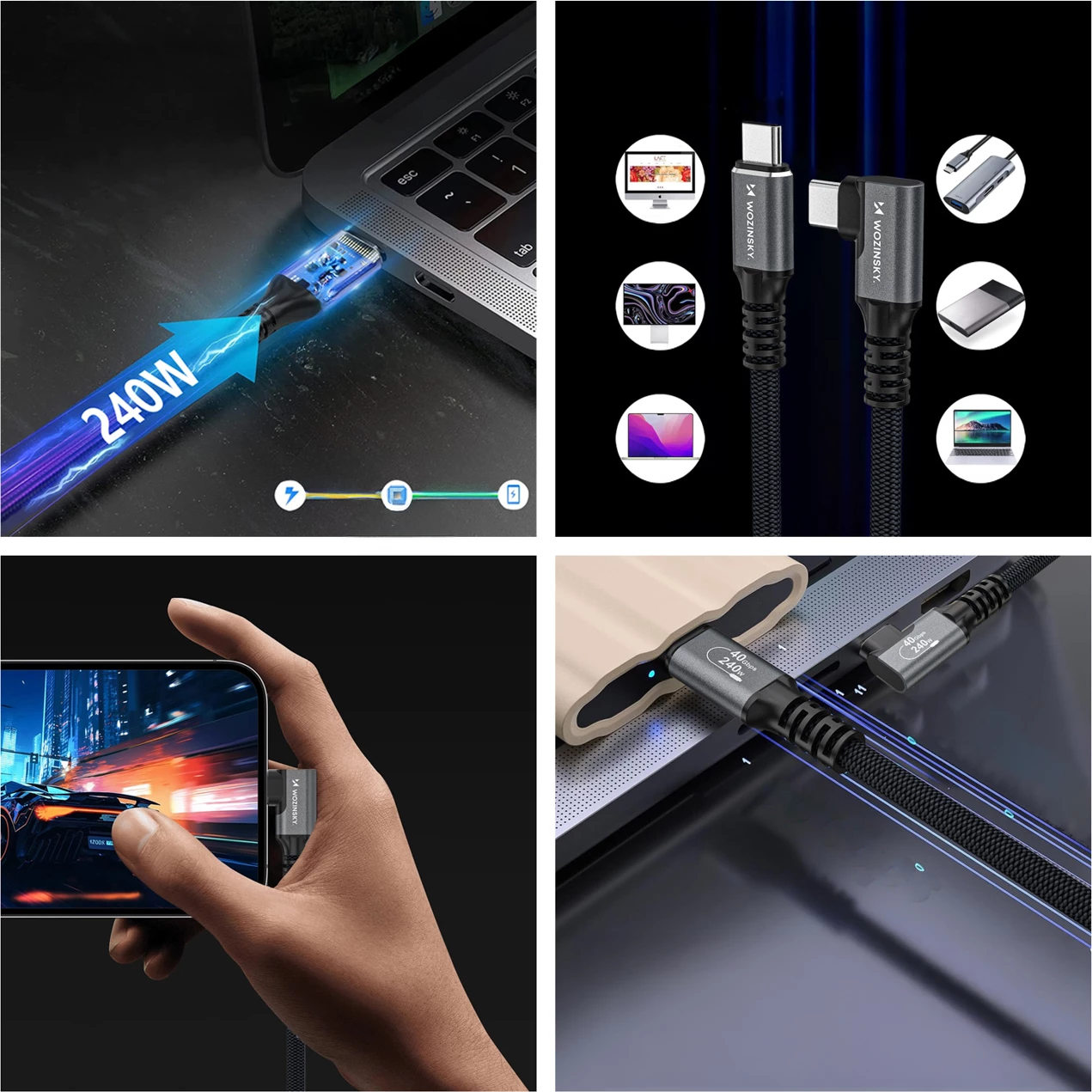 Kabllo USB-C Thunderbolt 4 me kënd 90°, Wozinsky WPS2-UY41S, 240W 40Gbps 2m, e zezë