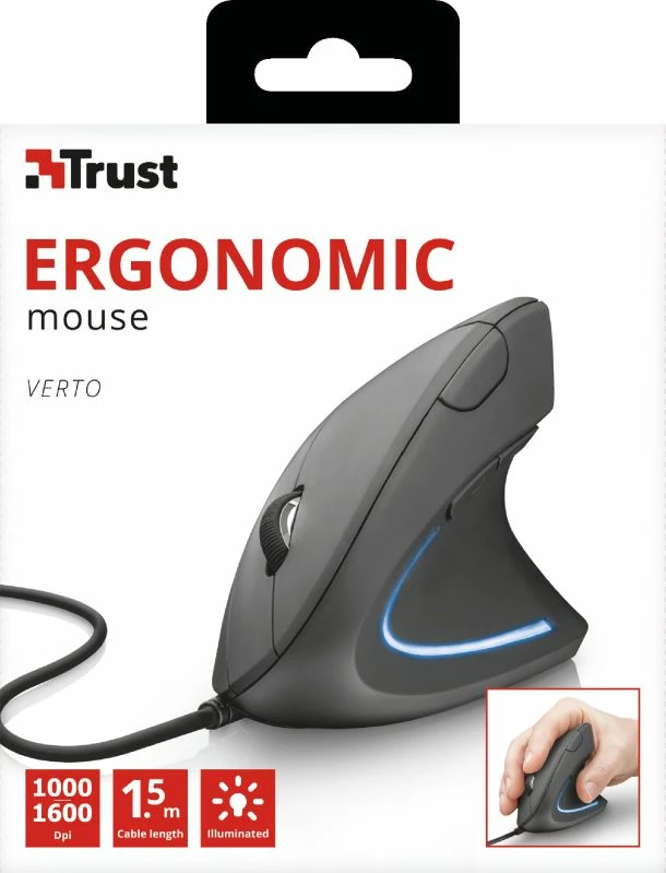 Maus ergonomik vertikal Trust Verto 22885 1600 DPI USB, 6 butona, për të djathtë, e zezë