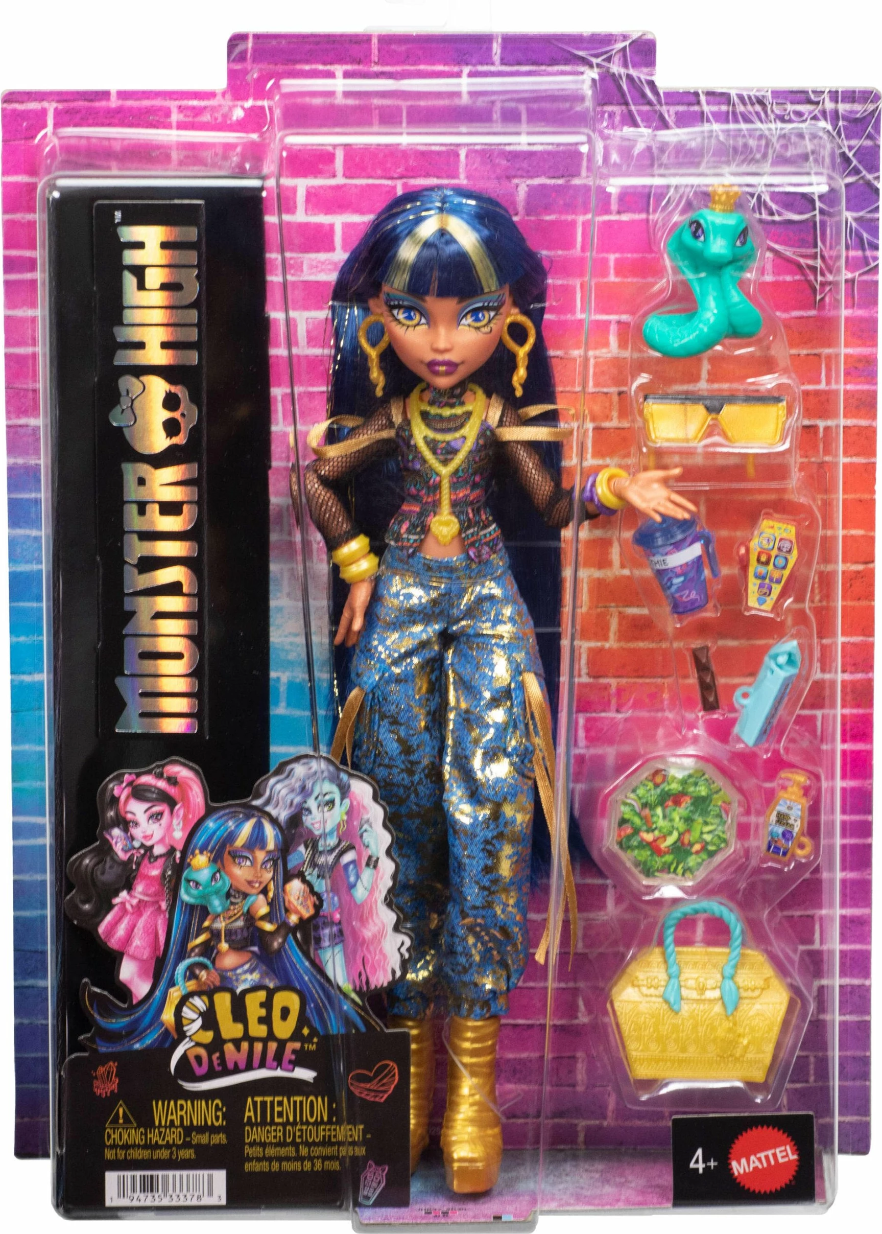 Kukull Mattel Monster High Cleo De Nile JHK32 28 cm, set me 7 aksesorë + gjarpër Hissette, shumëngjyrëshe