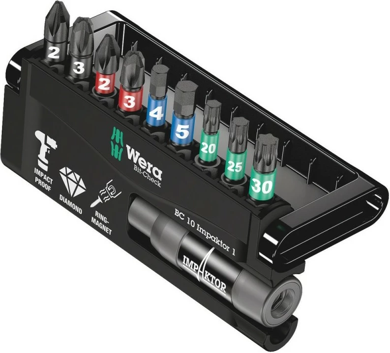 Set bitash Wera BC 10 Impaktor 1, 10 copë, PH2 PH3 PZ2 PZ3 T20 T25 T30 4.5mm, me magnet