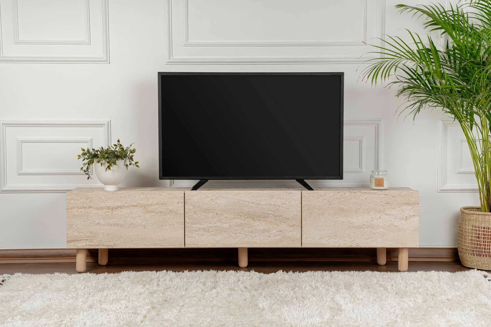 Komodë TV Skye Decor, ngjyrë travertine, Alvin