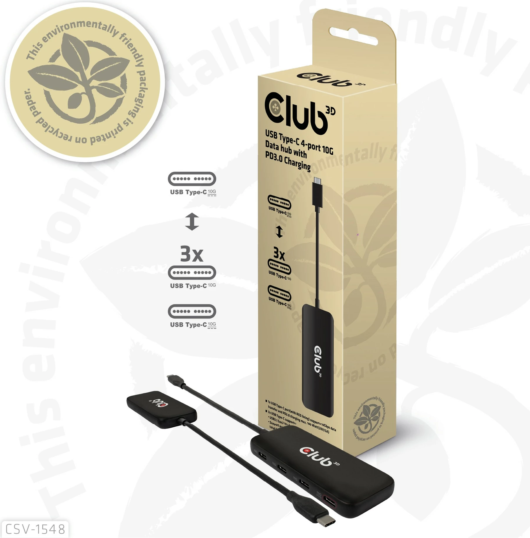 USB-Hub Club3D 4x USB Type-C 10Gbps + 100W PD, i zi
