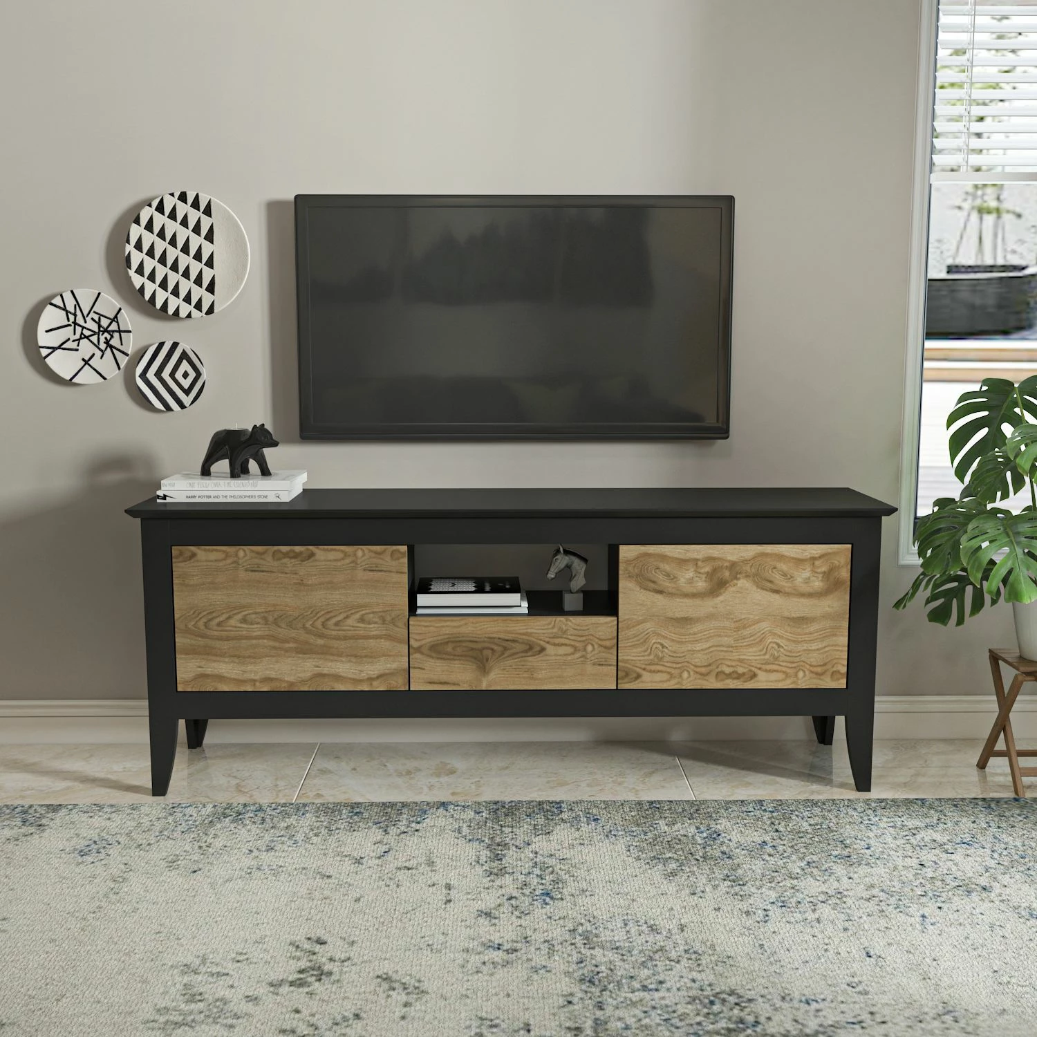Komodë TV Skye Decor, moderne, ngjyrë e zezë dhe lisi oud