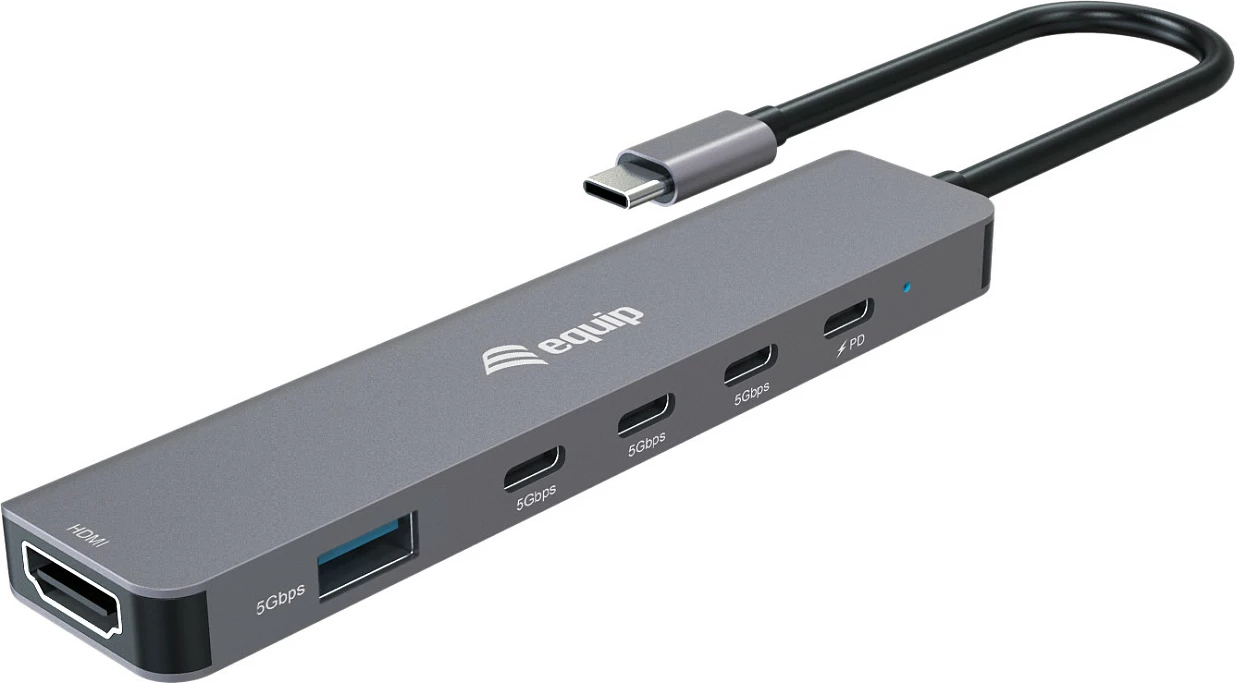 Adapter USB-C EQUIP 133500, 6-në-1, HDMI 4K, USB-A 5Gbps, USB-C x4, PD 100W, gri