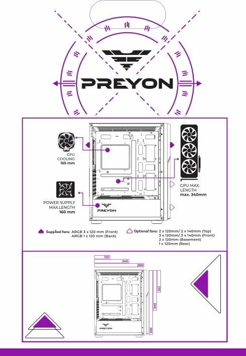 Kasë PREYON Nest Aero ARGB PNA04B Midi Tower, ATX/e-ATX, USB-C, 4x120mm PWM ARGB, e zezë